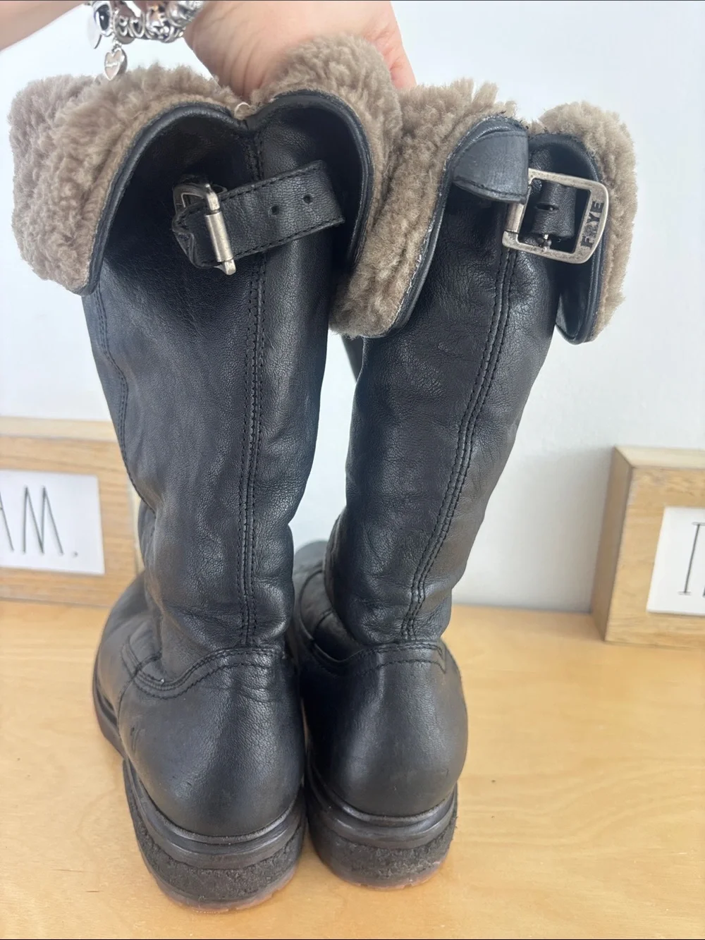 Frye Black Leather Tall Boots with Tan Shearling Cuff